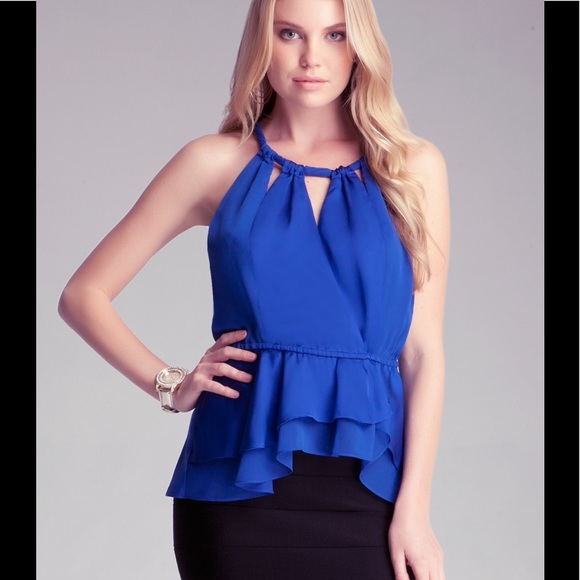 NWT XS Bebe flutter peplum top purple black blue - Picture 3 of 3